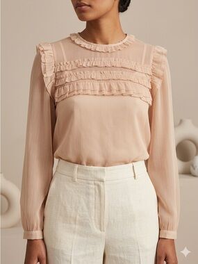 H&M Sheer Ruffle Blouse - Nude Chiffon - US 4 - EUC